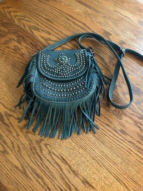 Montana West Teal Fringe Crossbody Bag with Studs and Turquoise Accent